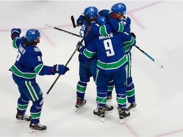 J.T. Miller #9 of the Vancouver Canucks celebrates his second period goal in Game 2.