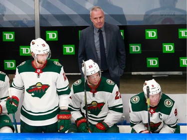 Head coach Dean Evason of the Minnesota Wild looks on from the bench in Game 2.