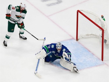 Jacob Markstrom #25 of the Vancouver Canucks makes a save in Game 2.