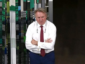 Head coach Rick Bowness of the Dallas Stars looks on during warm-ups prior to Game Two of the Western Conference First Round against the Calgary Flames during the 2020 NHL Stanley Cup Playoffs at Rogers Place on August 14, 2020 in Edmonton, Alberta, Canada.