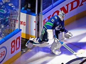 Jacob Markstrom #25 of the Vancouver Canucks skates out to face the St. Louis Blues in Game Six of the Western Conference First Round during the 2020 NHL Stanley Cup Playoffs at Rogers Place on August 21, 2020 in Edmonton, Alberta, Canada.