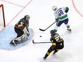 Canucks centre Elias Pettersson was all over the scoring despite being foiled on this attempt by Golden Knights goalie Robin Lehner in the first.