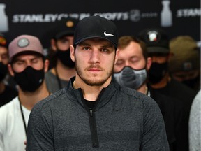 Vancouver Canucks captain Bo Horvat speaks to the media after the NHL and NHLPA announcement to reschedule games in the Stanley Cup playoffs on Aug. 27, 2020 in Edmonton.