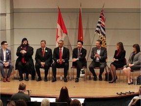 Vancouver mayoral debate from left to right: Candidates Hector Bremner, Golok Buday, David Chen, Fred Harding, Ken Sim, Kennedy Stewart, Shauna Sylvester, and Wai Young.