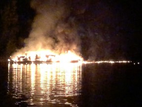 A total of 21 people -- including 14 children -- from four Saskatoon families narrowly escaped a middle-of-the-night houseboat fire and explosion near Sicamous, B.C. on August 4, 2020. (Supplied / screenshot)