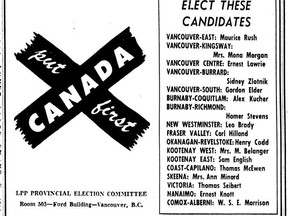 A Labor-Progressive Party ad for the 1953 federal election in the Aug. 7, 1953 Vancouver Sun. The LPP was formed by leftists after the Communist Party was banned in Canada in 1940. It became the Communist Party in 1959.