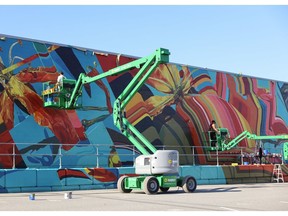 A massive mural, by Vancouver artist Drew Young, and commissioned by Grosvenor Americas, will be unveiled this weekend in Burnaby. The mural, entitled "Pursuit of Chance," stretches about 49 metres in length and stands about six metres tall.