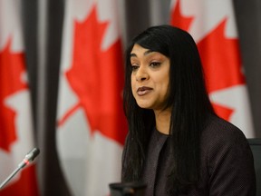 Minister of Diversity and Inclusion and Youth Bardish Chagger speaks during a press conference on Parliament Hill amid the COVID-19 pandemic in Ottawa on Thursday, June 25, 2020.