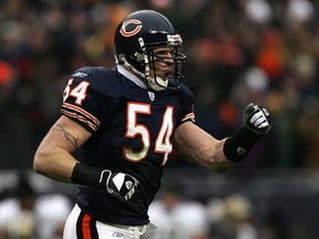 Brian Urlacher of the Chicago Bears celebrates January 21, 2007 at Soldier Field in Chicago.