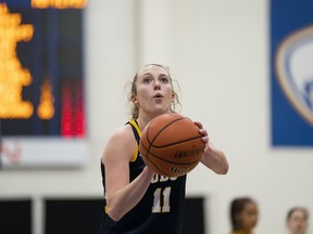 Then-UBC Thunderbirds guard Jessica Hanson prepares to take a free throw during a U Sports women’s game against the Trinity Western University Spartans at War Memorial Gym on the UBC campus.
