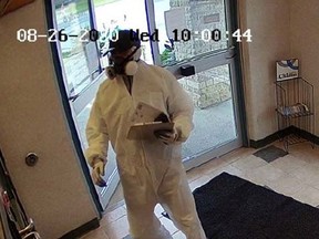 Police in Manitoba say they aren't looking for Walter White but RCMP are seeking information about a man who robbed a bank dressed like the meth-cooking fictional character in the popular television show "Breaking Bad." A man sought by police for a bank robbery is seen in a handout still image from security video footage in Landmark on Wednesday, Aug. 26, 2020.