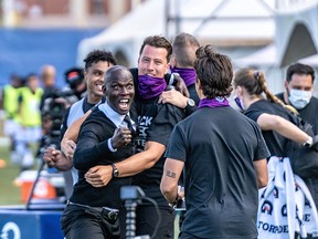 Pacific FC coach Pa-Modou Kah celebrates a last-minute goal by his team against Halifax during the Island Games in Charlottetown, P.E.I. earlier this month. Kah made an impassioned plea for racial justice a day before the NBA players boycotted their playoff games earlier this week, sparking an unprecedented wave of support across pro sports.