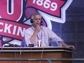 Cincinnati Reds radio broadcaster Thom Brennaman calls the game against the Milwaukee Brewers at Great American Ball Park on September 25, 2019 in Cincinnati, Ohio.