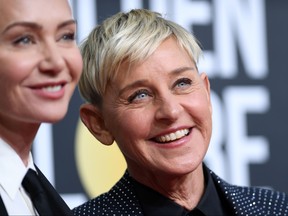 Actress Portia de Rossi, left, and comedian Ellen DeGeneres arrive for the 77th annual Golden Globe Awards on Jan. 5, 2020, at The Beverly Hilton hotel in Beverly Hills, Calif.