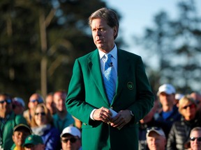 Fred Ridley, chairman of Augusta National Golf Club and The Masters tournament, speaks during the ceremonial start before first round play in the 2018 Masters in Augusta, Georgia, on April 5, 2018.