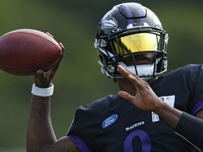 Baltimore Ravens quarterback Lamar Jackson at practice in August.