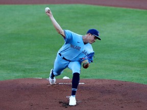 Toronto Blue Jays starting pitcher Nate Pearson (24) throws a pitch against the Miami Marlins during the first inning at Sahlen Field in Buffalo, New York, on Wednesday, Aug. 12, 2020.