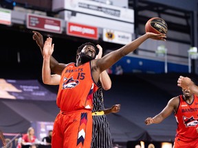 Fraser Valley Bandits forward Olu Ashaolu battles for a rebound during their semifinal matchup against the Hamilton Honey Badgers Saturday at the Meridian Centre in St. Catharines, Ont.