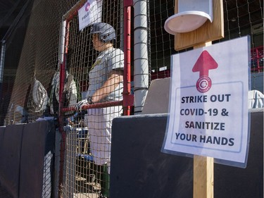 Under-15 baseball game at Nat Bailey Stadium Saturday, August 29, 2020 between Sunshine Coast and West Van. It's a rare event in the times of Covid-19, but with safety protocols in effect the game is played with those measures in mind, albeit with no fans.