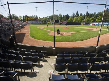 Under-15 baseball game at Nat Bailey Stadium Saturday, August 29, 2020 between Sunshine Coast and West Van. It's a rare event in the times of Covid-19, but with safety protocols in effect the game is played with those measures in mind, albeit with no fans.