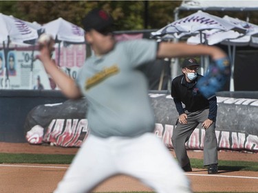 Under-15 baseball game at Nat Bailey Stadium Saturday, August 29, 2020 between Sunshine Coast and West Van. It's a rare event in the times of Covid-19, but with safety protocols in effect the game is played with those measures in mind, albeit with no fans.