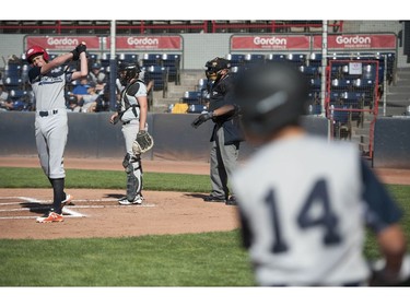 Under-15 baseball game at Nat Bailey Stadium Saturday, August 29, 2020 between Sunshine Coast and West Van. It's a rare event in the times of Covid-19, but with safety protocols in effect the game is played with those measures in mind, albeit with no fans.