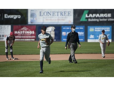 Under-15 baseball game at Nat Bailey Stadium Saturday, August 29, 2020 between Sunshine Coast and West Van. It's a rare event in the times of Covid-19, but with safety protocols in effect the game is played with those measures in mind, albeit with no fans.