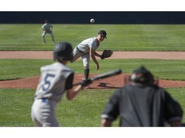 Under-15 baseball game at Nat Bailey Stadium Saturday, August 29, 2020 between Sunshine Coast and West Van. It's a rare event in the times of Covid-19, but with safety protocols in effect the game is played with those measures in mind, albeit with no fans.
