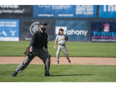 Under-15 baseball game at Nat Bailey Stadium Saturday, August 29, 2020 between Sunshine Coast and West Van. It's a rare event in the times of Covid-19, but with safety protocols in effect the game is played with those measures in mind, albeit with no fans.