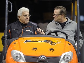 Ed Willes interviews then B.C. Lions coach Wally Buono at B.C. Place in 2011.