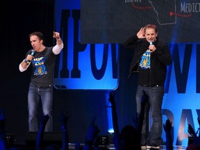 Craig, left and Marc Keilburger the co-founders of We Day talk to the packed Saddledome audience on We Day in Calgary Monday November 3, 2014.