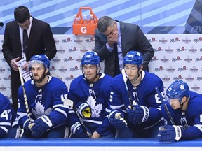 Maple Leafs head coach Sheldon Keefe reacts after his team gave up the second goal to Columbus in Game 5 on Sunday. NATHAN DENETTE/THE CANADIAN PRESS