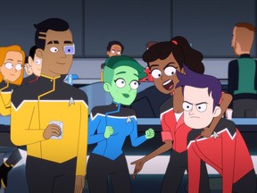 Eugene Cordero as Ensign Rutherford, Noel Wells as Ensign Tendi, Tawny Newsome as Ensign Mariner and Jack Quaid as Ensign Boimler of Star Trek Lower Decks.