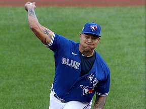 Taijuan Walker of the Toronto Blue Jays pitches against the Baltimore Orioles at Sahlen Field on August 29, 2020 in Buffalo.