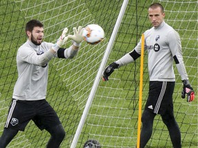 Maxime Crépeau and teammate Evan Bush run through drills during a 2017 practice with the Montreal Impact. Bush, who was the No. 1 in Montreal which led to Crepeau's trade to Vancouver, are teammates again after Bush was traded to Vancouver.