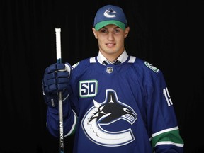 Nils Hoglander poses after being selected 40th overall by the Vancouver Canucks during the 2019 NHL Draft at Rogers Arena on June 22, 2019 in Vancouver, Canada.