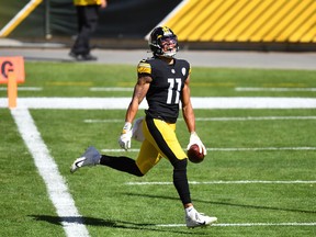 Chase Claypool of the Steelers celebrates his first career NFL touchdown during the second quarter against the Denver Broncos at Heinz Field in Pittsburgh on Sept 20.