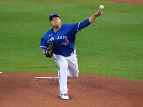 Hyun-Jin Ryu of the Toronto Blue Jays throws a pitch during the first inning against the New York Yankees at Sahlen Field on September 24, 2020 in Buffalo, New York.