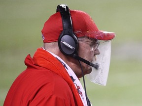Head coach Andy Reid of the Kansas City Chiefs looks on through a plastic shield during the fourth quarter against the Houston Texans at Arrowhead Stadium on Sept. 10, 2020 in Kansas City.