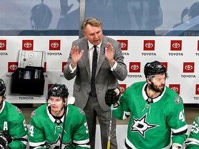 Head coach Rick Bowness of the Dallas Stars reacts during the third period against the Vegas Golden Knights in Game Four of the Western Conference Final during the 2020 NHL Stanley Cup Playoffs