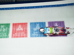 A Canadian athlete on the last turn of the Whistler Sliding Centre Centre on Dec. 4, 2014.  
Garrett Reid was seriously injured on the track in 2019.