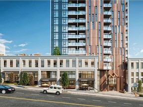 Artist's rendering of ML Emporio Properties' Loma development, a tower-and-podium project at 901 Lougheed Highway includes 122 one-, two- and three-bedroom market homes and 58 rental units plus two levels of commercial space along Blue Mountain Street and Lougheed Highway.