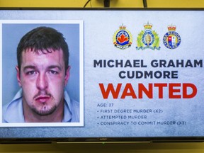 Michael Graham Cudmore, 37, from Hamilton shown on a monitor at Hamilton Police Service Headquarters in Hamilton, Ont., on Thursday September 20, 2018.