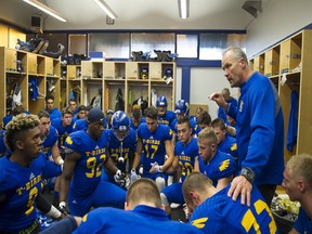 UBC Thunderbirds coach Blake Nill addresses his players prior to a game. He's taped a pre-game speech to the masses for UBC's virtual homecoming on Friday.