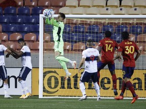 Vancouver Whitecaps goalkeeper Thomas Hasal goes up to intercept a corner kick against Real Salt Lake at Rio Tinto Stadium on Sept. 19. Hasal misjudged the ball in the thin mountain air, and dropped it; Kyle Beckerman accidentally booted him in the head in the ensuing scramble, causing a concussion that knocked him out of action for the rest of the year.