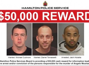 Jabril Abdalla, 27, of Hamilton, far right, has been charged with the murder of mob scion Angelo Musitano, Pat's brother. The other two men are either confirmed dead or suspected to be deceased.