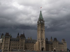Storm clouds pass by the Peace tower and Parliament Hill