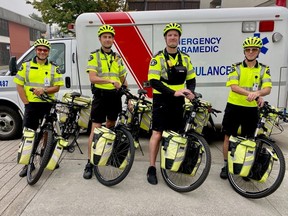 Four paramedics participating in the bike paramedic program in Vancouver's Downtown Eastside this fall are (left to right) Tom Venables, Troy Gienger, Chris Iregui and Darren Metta.