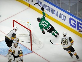 Dallas Stars right wing Alexander Radulov (47) scores the game wining goal against Vegas Golden Knights goaltender Robin Lehner (90) during the overtime period in game three of the Western Conference Final.