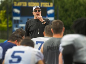 University of B.C. football coach Blake Nill addresses his troops in a previous campaign.